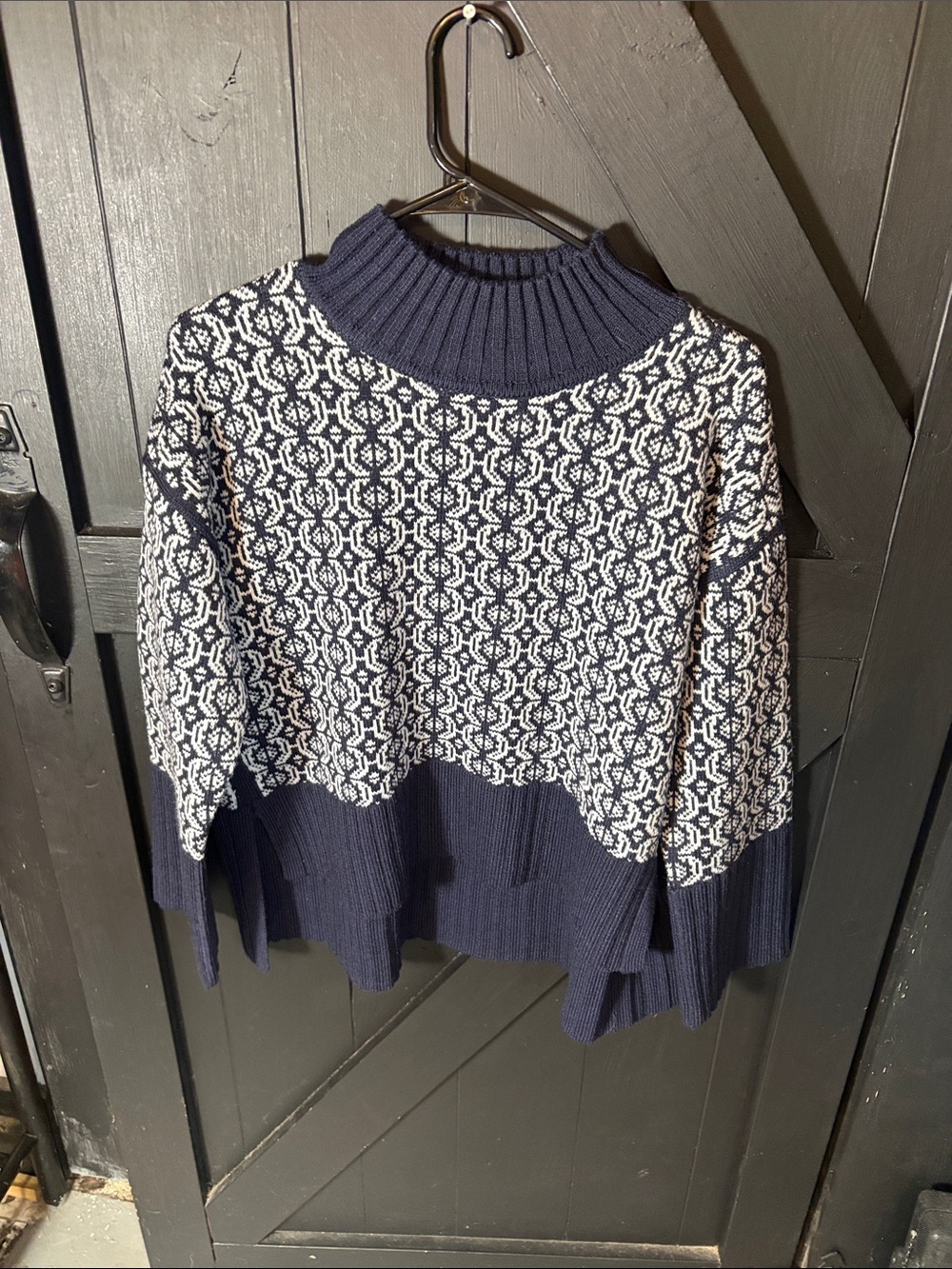 Navy & White Patterned Cowl Neck Sweater